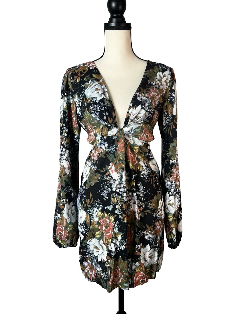 Blue Life Floral Cutout Mini Dress Bell Sleeve Boho Festival Rayon Small